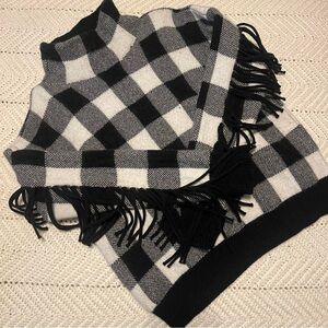 Lauren Ralph Lauren Buffalo Plaid fringe sweater wool black and white